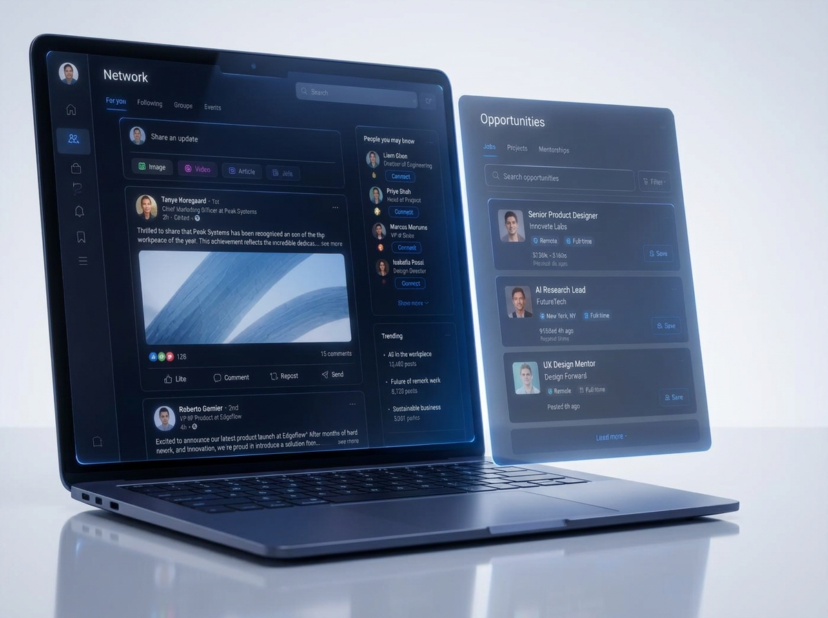 PierosConnect member workspace with network feed and opportunities