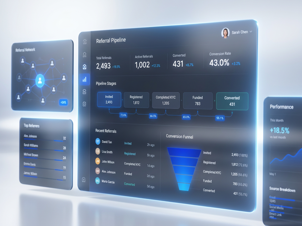 PierosConnect referral stages with progress and conversion figures